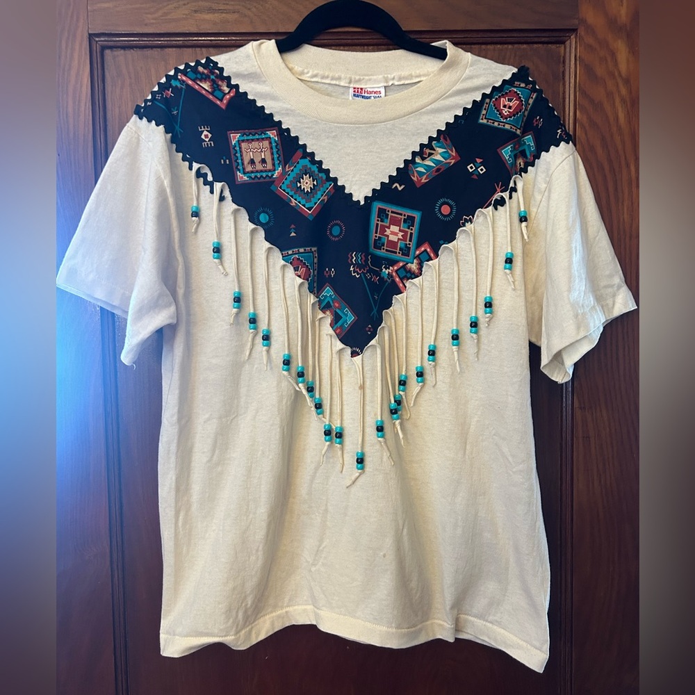 90's Vintage Southwestern Aztec Single Stitch Tee with Fringe and Beads Large
